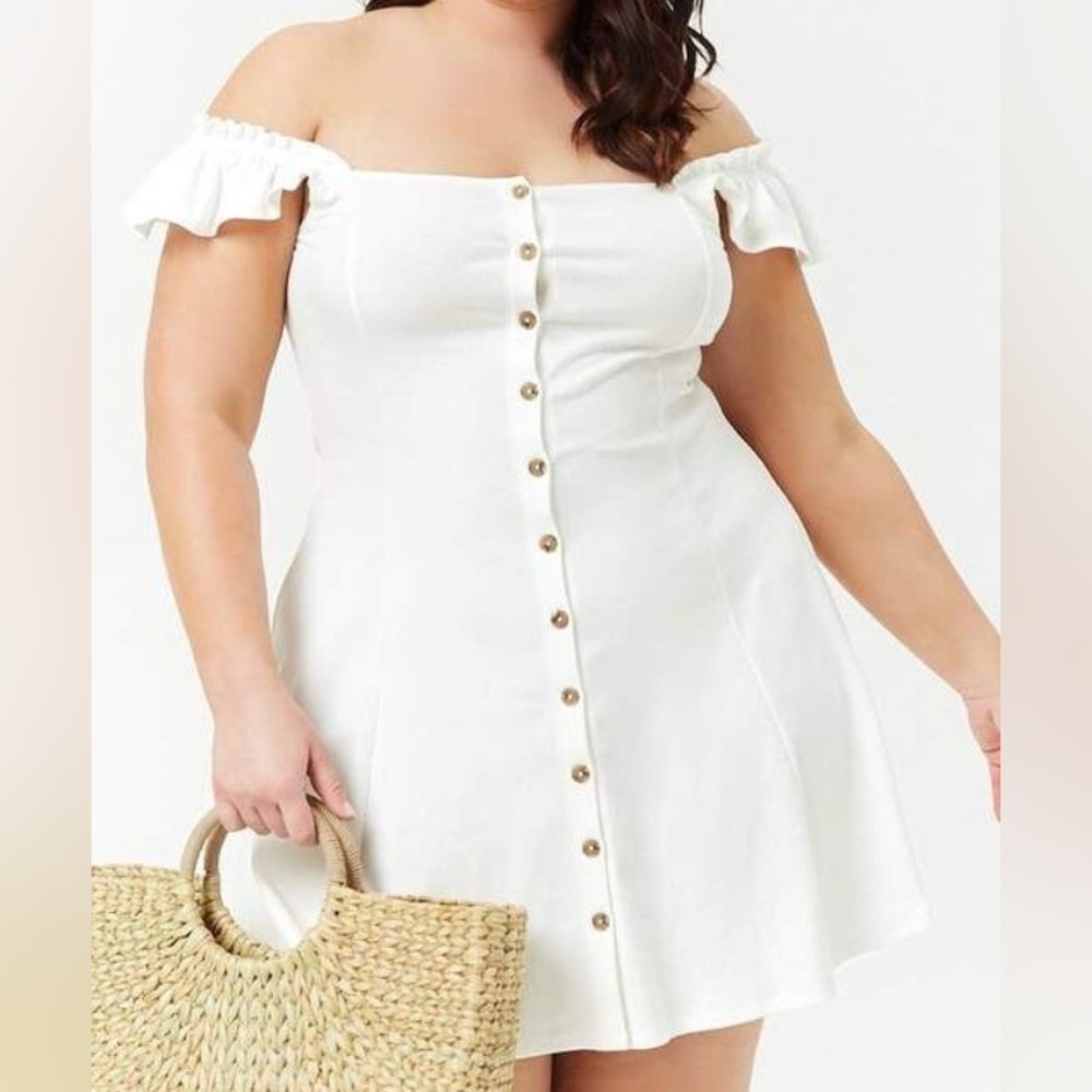 Off-Shoulder White Mini Dress with Button Front
